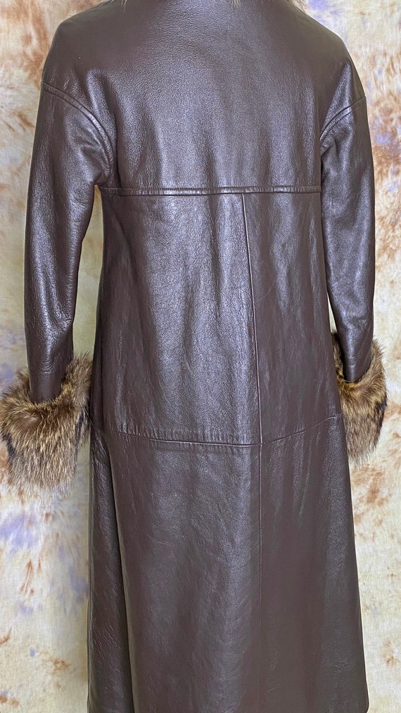 60's Leather Midi Coat with Fox Collar and Cuffs,… - image 8