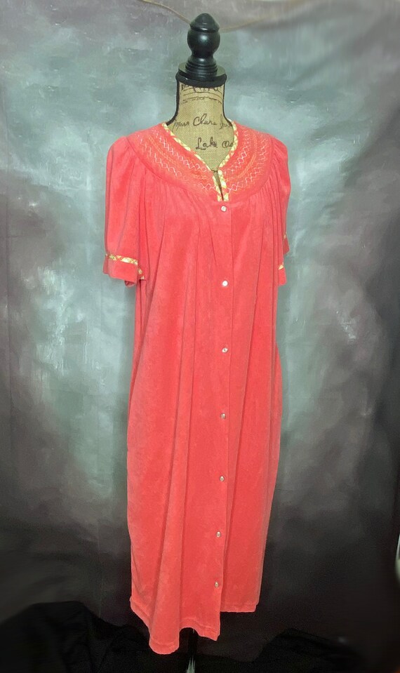 80's Coral Terrycloth Short Sleeve Maxi Robe, Int… - image 2