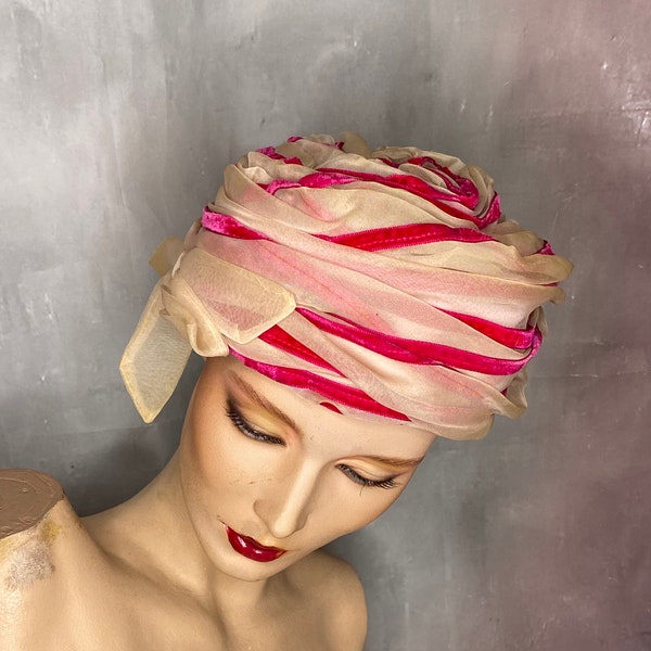 Vintage Chiffon Turban Hat, 60's Women's Hat, Pink and Cream Wrapped Cloche. Fuchsia and White Chiffon Hat, Fuchsia and Cream Ribbon Hat