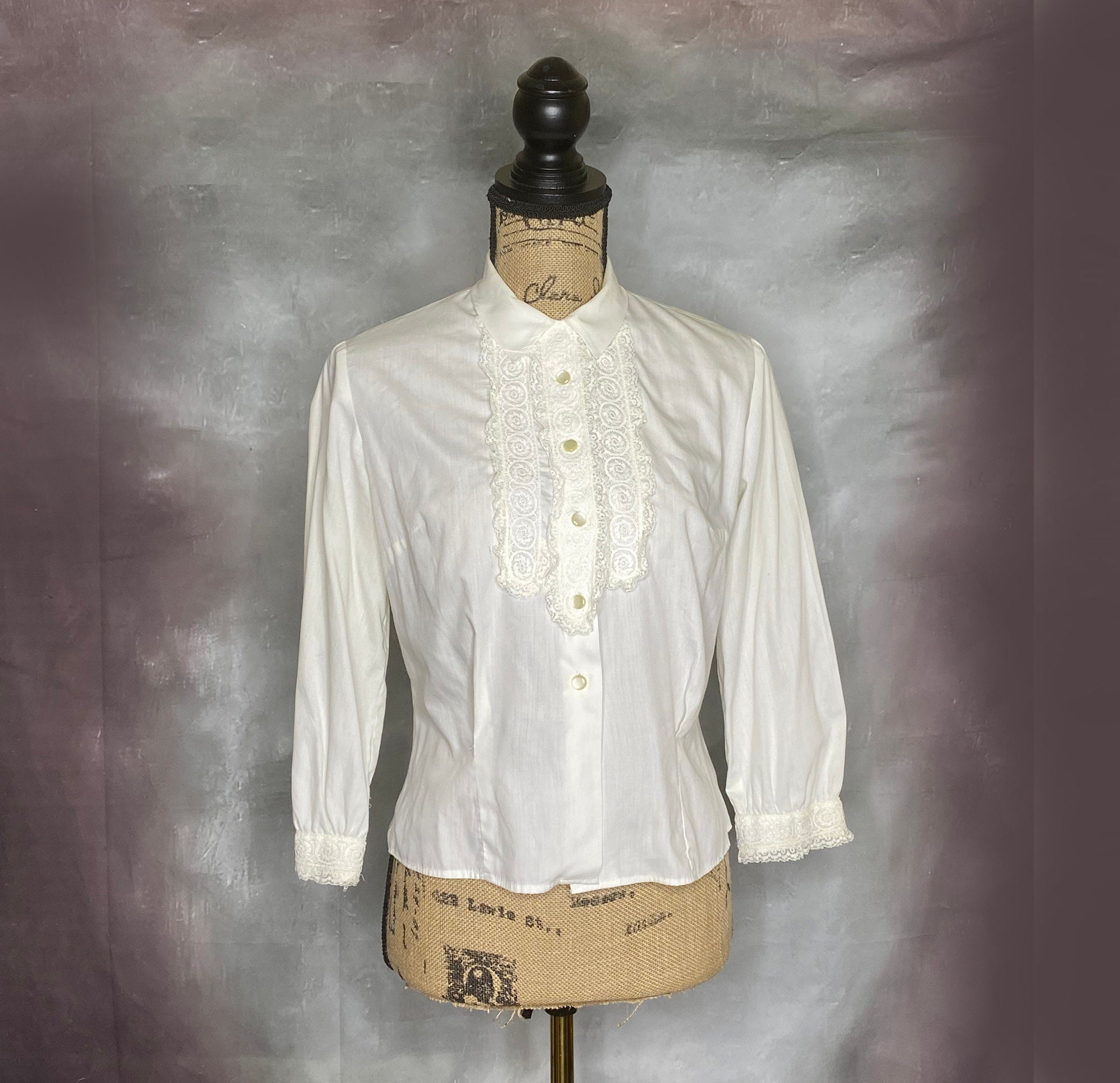 VINTAGE(ヴィンテージ) 60's glen of michigan Dot Pattern Lace Round Collar Blouse ドット柄 レース 丸襟 ブラウス ブルー×ホワイト 推定60年代 VINTAGE(ヴィンテージ) 60's glen of michigan Dot Pattern Lace