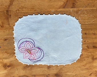 60's Rectangle Doily with Embroidered Pink and Purple Corner Flower