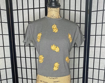 50's Gray Wool Back Zipper Top with Yellow Applique Leaves, Small/Medium