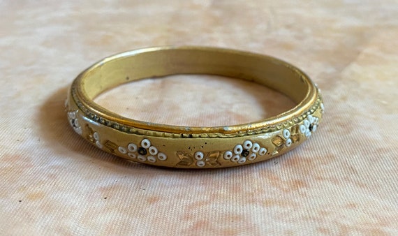Vintage Painted Wood Bangle, 70s Painted Wood Bangle, Beaded Wood Bangle, Gold Painted Bangle, Vintage Carved Wood Bangle,Mosaic Wood Bangle