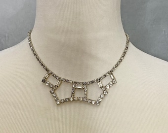 Vintage Rhinestone Necklace, Rhinestone Choker, Rhinestone Bib Necklace, Rhinestone Drop Necklace, Festoon Necklace, 50s Rhinestone Necklace
