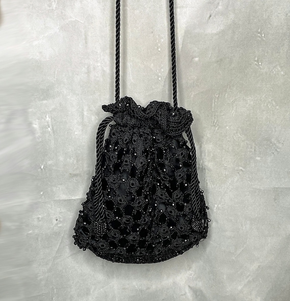 Vintage Black Crochet Drawstring Bag, Crossbody Dr