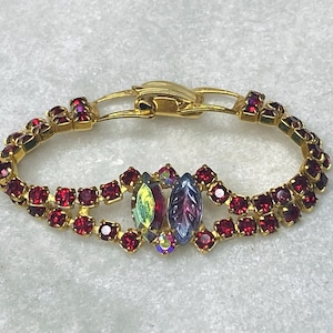 Vintage Red Rhinestone Bracelet, Vintage Red Glass Stone Bracelet, 50&#39;s Red Stones and Aurora Borealis Bracelet, Vintage Festoon Bracelet
