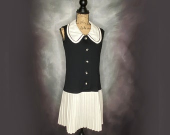 70's Black and White Drop Waist Dress With Pleated Skirt and Butterfly Collar, Medium