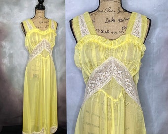 40's Sheer Yellow Rayon and Ivory Lace Nightgown, Old Hollywood Nightgown, Long Nightgown, Negligee, Alida The Richly Clad, Medium