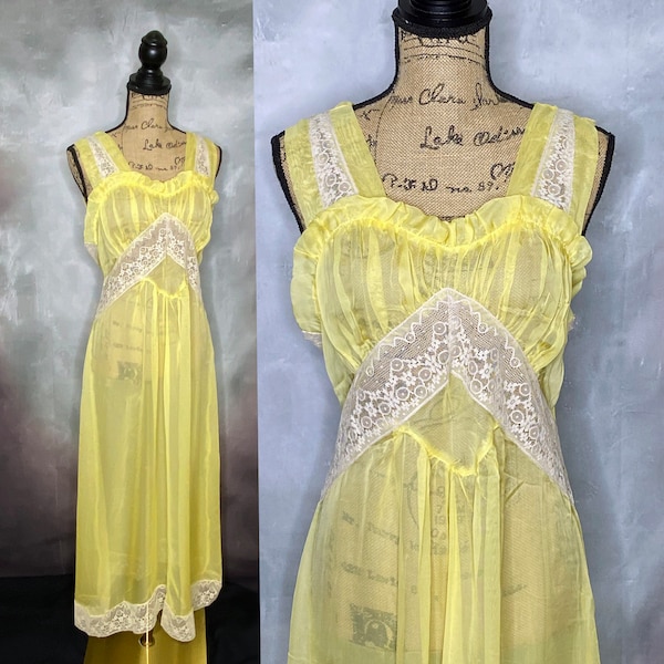 40's Sheer Yellow Rayon and Ivory Lace Nightgown, Old Hollywood Nightgown, Long Nightgown, Negligee, Alida The Richly Clad, Medium