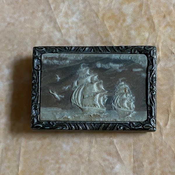 Incolay Studios Tall Ships Carved Stone and Brass Belt Buckle, Dated 1976