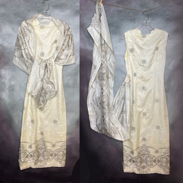 Vintage Asian Inspired Silk Dress, Attached Shawl, 1970's, Sheath, Floor Length, Gold and Silver Stamped Design on White, Small