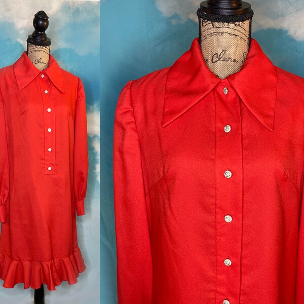 70's Red Polyester Ruffle Hem Midi Dress with Dagger Collar, Medium