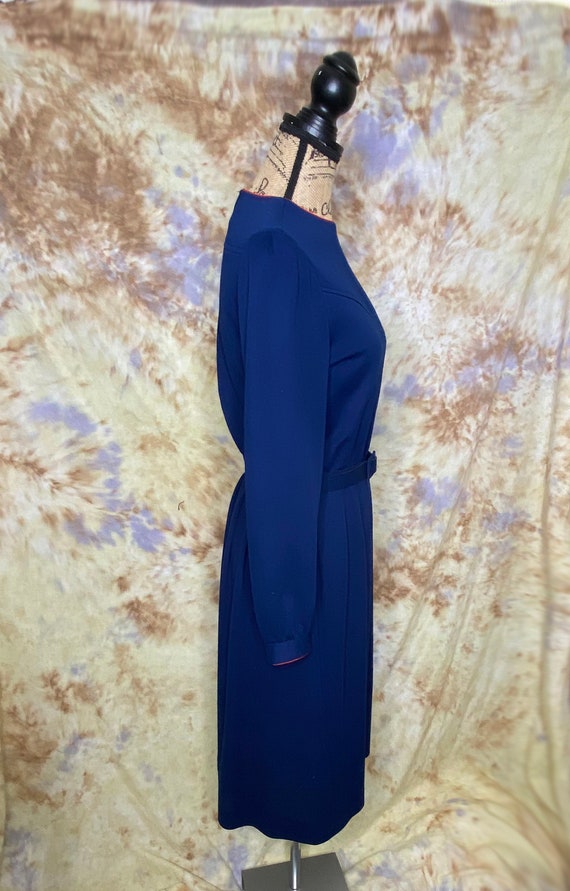 70's Navy Belted Knit Knee Length Dress, Schrader… - image 3
