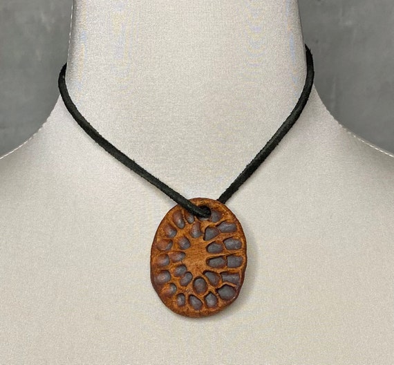 70's Artisan Ceramic Pendant on Leather Cord, Ova… - image 1