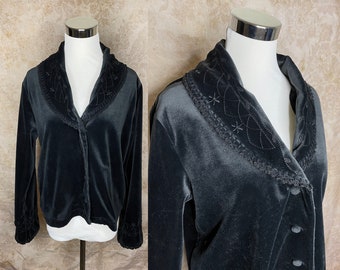 Women's Vintage  Black Velvet Jacket, Women's Black Velvet Blazer, Embroidered Velvet Jacket, Black Embroidered Jacket, Carol Little Jacket
