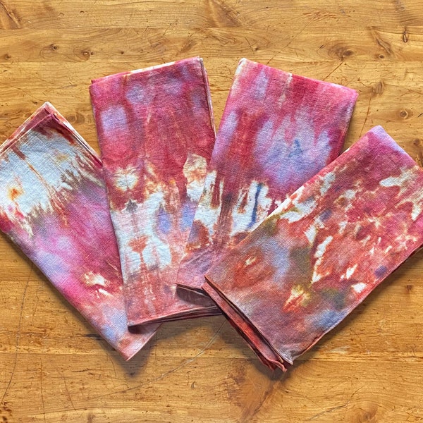 Hand Dyed Cotton Napkins, Shibori Fold, Pink Blue Orange Brown, Set of 4