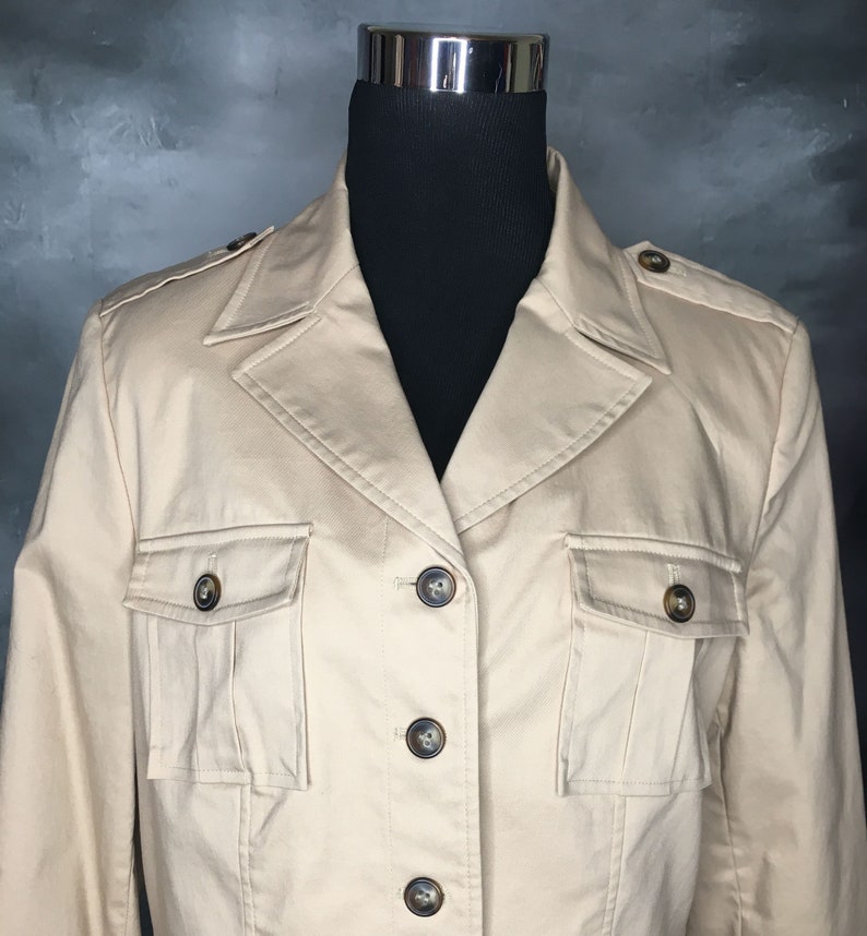 Epaulets Militrary Style Chest Pockets Vintage Khaki Jean Jacket 1990/'s Luxury is a State of Mind Medium Banded Waist Apostrophe
