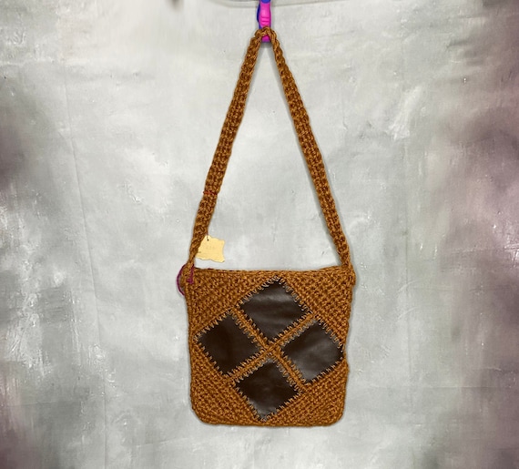 70's Brown Jute Shoulder bag with Leather Accents, Mr… Gem