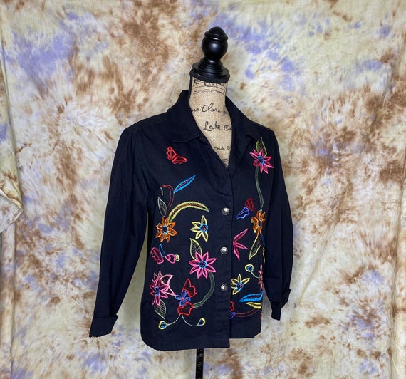 90's Women's Black Cotton Jacket with Neon Embroi… - image 1