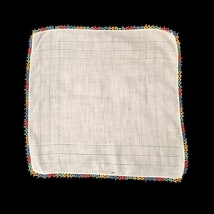 Vintage Hanky, Hankie, Women&#39;s Hankderchief, White Linen, Rainbow Lace Border, Hem Stitching, 1950&#39;s