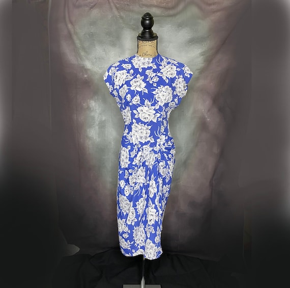 60's Blue Floral Hourglass Midi Dress, Small - image 1