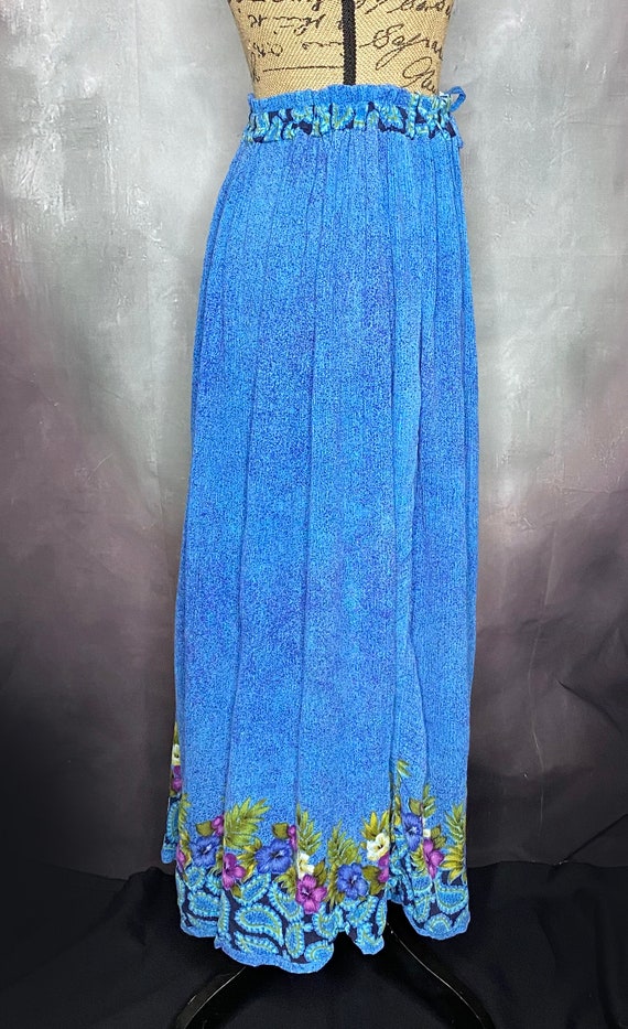 80's Rayon Boho Maxi Skirt in Royal Blue with Flo… - image 2