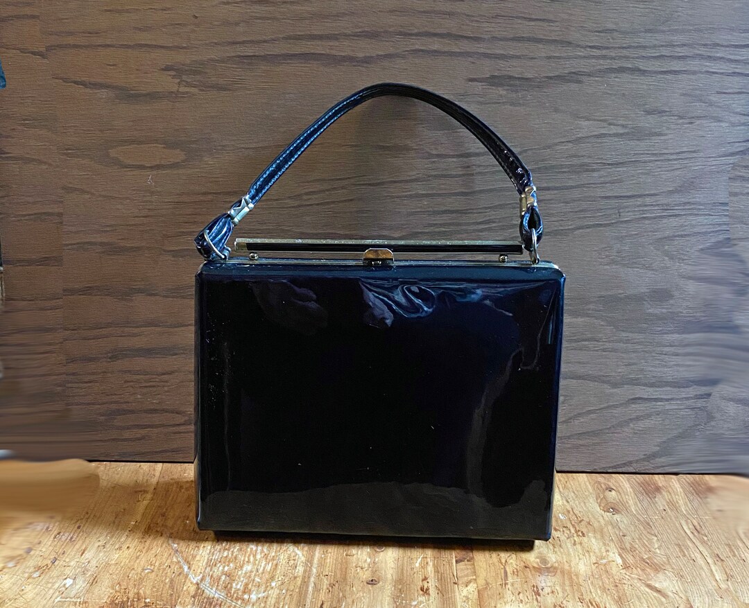 60's Vintage Black Patent Leather Handbag Patent Leather 