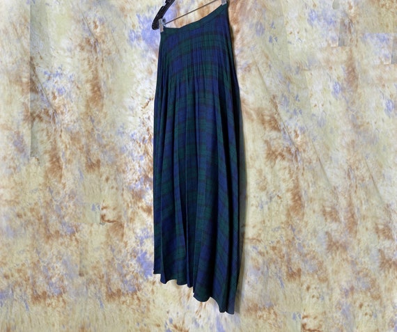 Vintage Women's Pleated Wool Skirt, Blue Green Plaid, Ankle Length, Back Zipper, 1980's, Small