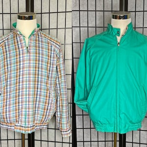 Vintage Men&#39;s Cotton Windbreaker, 70s Reversible Golf Jacket, Green Windbreaker Golf Jacket, Plaid Windbreaker Golf Jacket, 70s Men&#39;s Jacket
