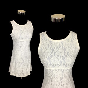 90&#39;s White Lace Mini Dress, Fitted Mini Dress, Sleeveless White Lace Dress, White Lace Prom Dress, Mini Lace Prom Dress, Size Small