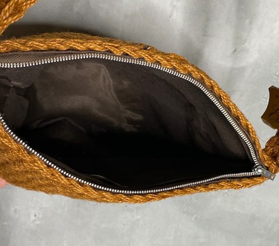 70's Brown Jute Shoulder bag with Leather Accents, Mr… Gem