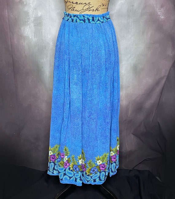 80's Rayon Boho Maxi Skirt in Royal Blue with Flo… - image 3