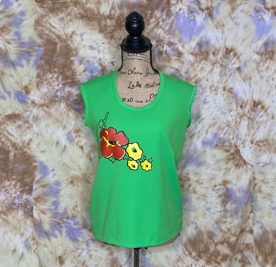 70's Lime Green Sleeveless Polyester Top with Flo… - image 1