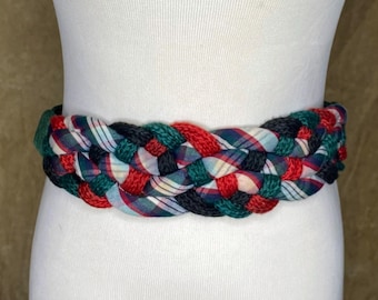 Vintage Women's Braided Belt, Wide Braided Belt, Women's Cummerbund Belt, Back Fastening Belt, Red Green Plaid Rope Belt, Size Medium