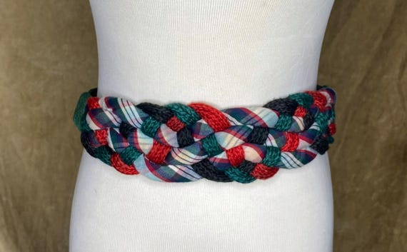 Women’s Braided Vintage Rope/Checkered Belt(Size Medium) Vintage Brown Grey Leather Belt With Braided Rope  main image 2