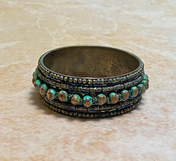 Vintage Bangle, Brass Bangle, Beaded Brass Bangle, Boho Bangle, 70's Bangle, Wide Bangle, Copper Bead Bangle, Stamped Brass Bangle, Unisex