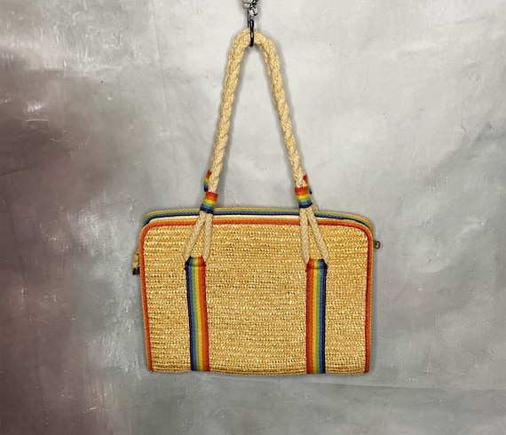 Vintage Straw Bag, Straw Tote, Rainbow Straw Bag, Big Straw Purse, Rope Handle Bag,  Beach Bag, Zip Top Straw Handbag, Natural Straw Bag,