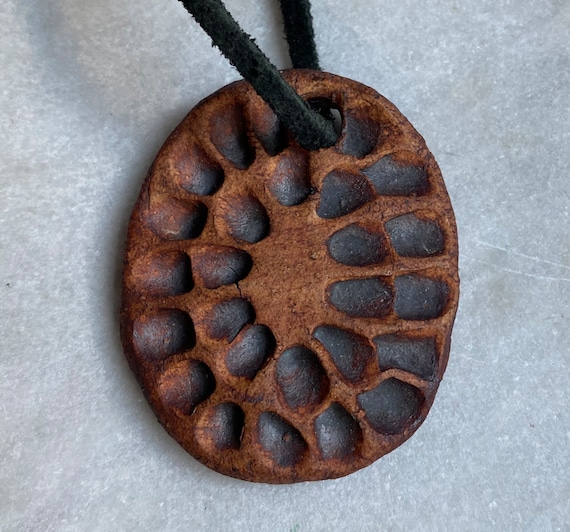 70's Artisan Ceramic Pendant on Leather Cord, Ova… - image 3