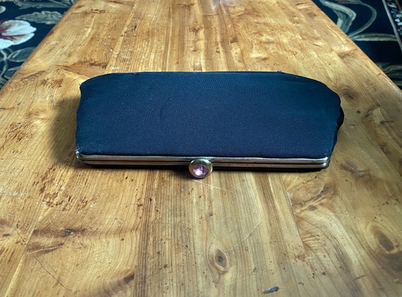 50's Black Matte Satin Clutch with Lavender Glass… - image 1