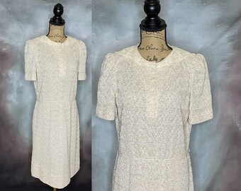 70's Vintage Short Sleeve Lacy Knit Beige Dress, Leslie Fay Dress, Knee Length Dress, Small