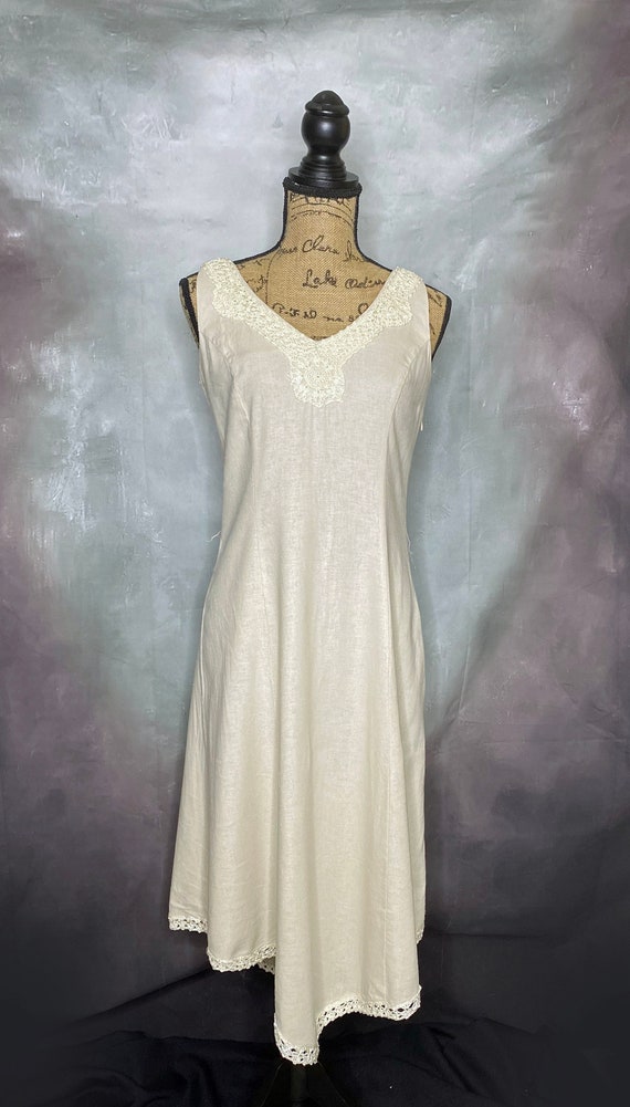 80's Linen Blend Beige Sleeveless Midi Dress, Asy… - image 2