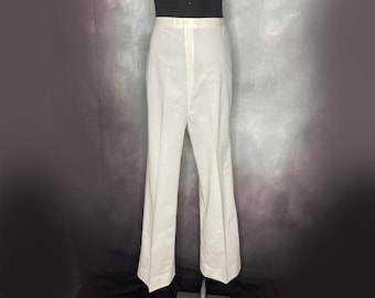 70's Women's High Waist White Polyester Pants, Flare Leg, 30 Waist, Medium