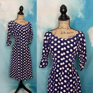 50's Fit and Flare Navy and White Dotted Dress, Rayon, Half Sleeves, Basque Waist, Midi Length, Scoop Neck, Smal