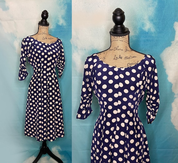 50's Fit and Flare Navy and White Dotted Dress, R… - image 1