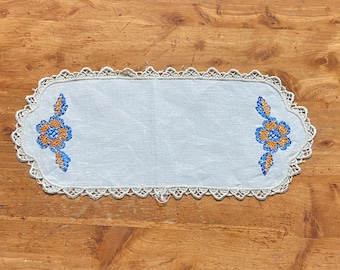 60's Oblong Doily with Brown and Blue Embroidered Flowers