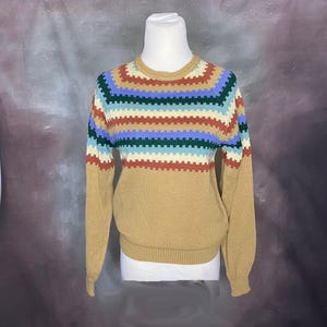 Vintage Women&#39;s Sweater, Maggie Scott Sweater, Pullover Sweater, Crewneck Sweater, 80s Women&#39;s Sweater, Striped Sweater, Beige Blue Sweater