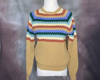 Vintage damtröja, Maggie Scott-tröja, pullovertröja, rund halströja, 80-tals damtröja, randig tröja, beigeblå tröja