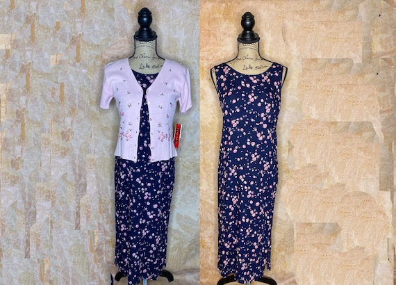 80's Sleeveless Maxi Dress and Cardigan, R & K Originals Dress and Sweater  Set, Summer Dress and Matching Sweater, Navy Print Dress, Small - Etsy