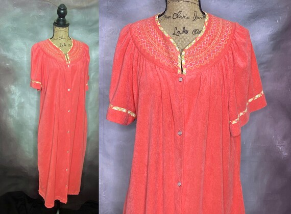 80's Coral Terrycloth Short Sleeve Maxi Robe, Int… - image 1