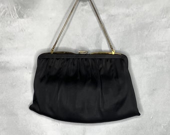 50's Black Satin Evening Bag/Clutch with Fold in Gold Chain Strap